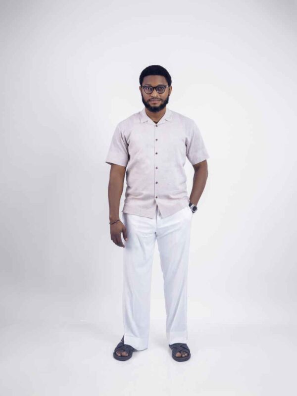 Beige and Off-white two-piece Cuban collar shirt paired with palazzo pants 2