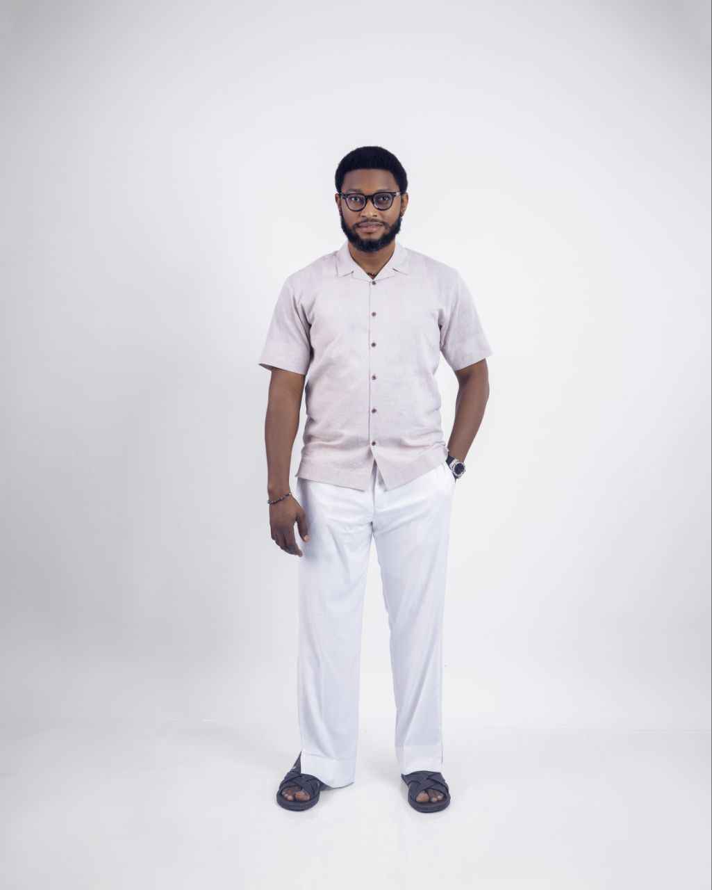 Beige and Off-white two-piece Cuban collar shirt paired with palazzo pants 2