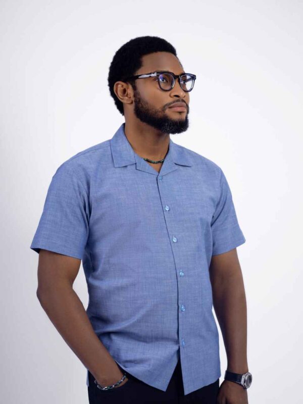 Blue and Black two-piece Cuban collar shirt paired with casual pants 3