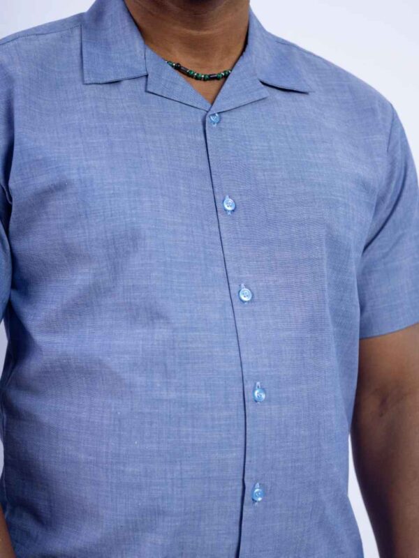 Blue and Black two-piece Cuban collar shirt paired with casual pants 3