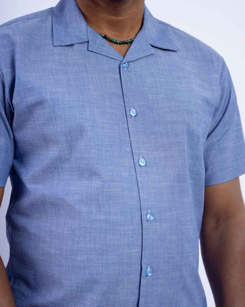 Blue and Black two-piece Cuban collar shirt paired with casual pants 3