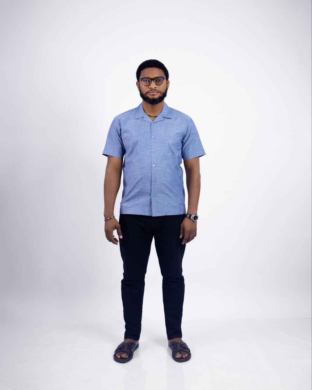 Blue and Black two-piece Cuban collar shirt paired with casual pants 3