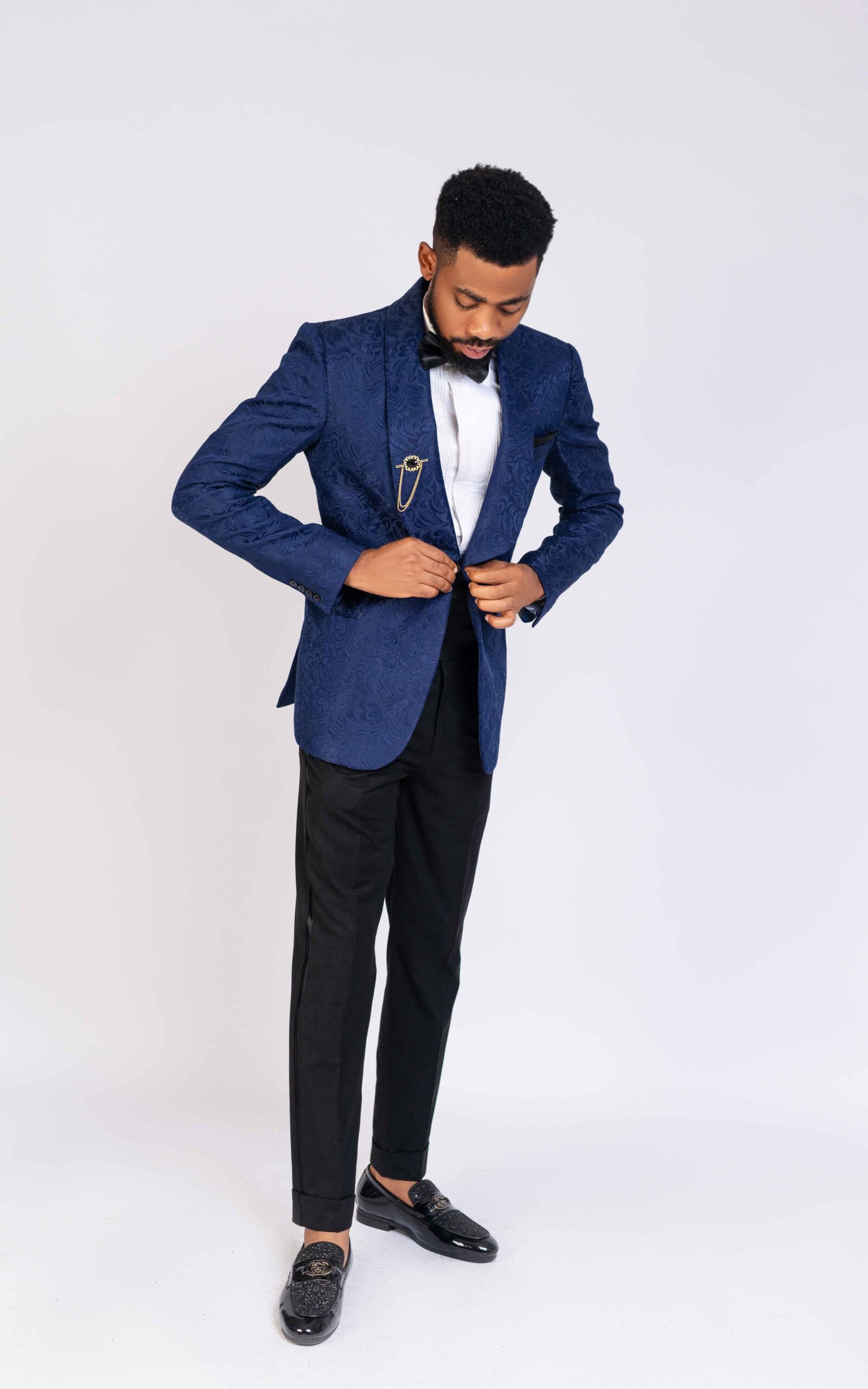 Navy-blue Shawl Lapel Two-piece Suit