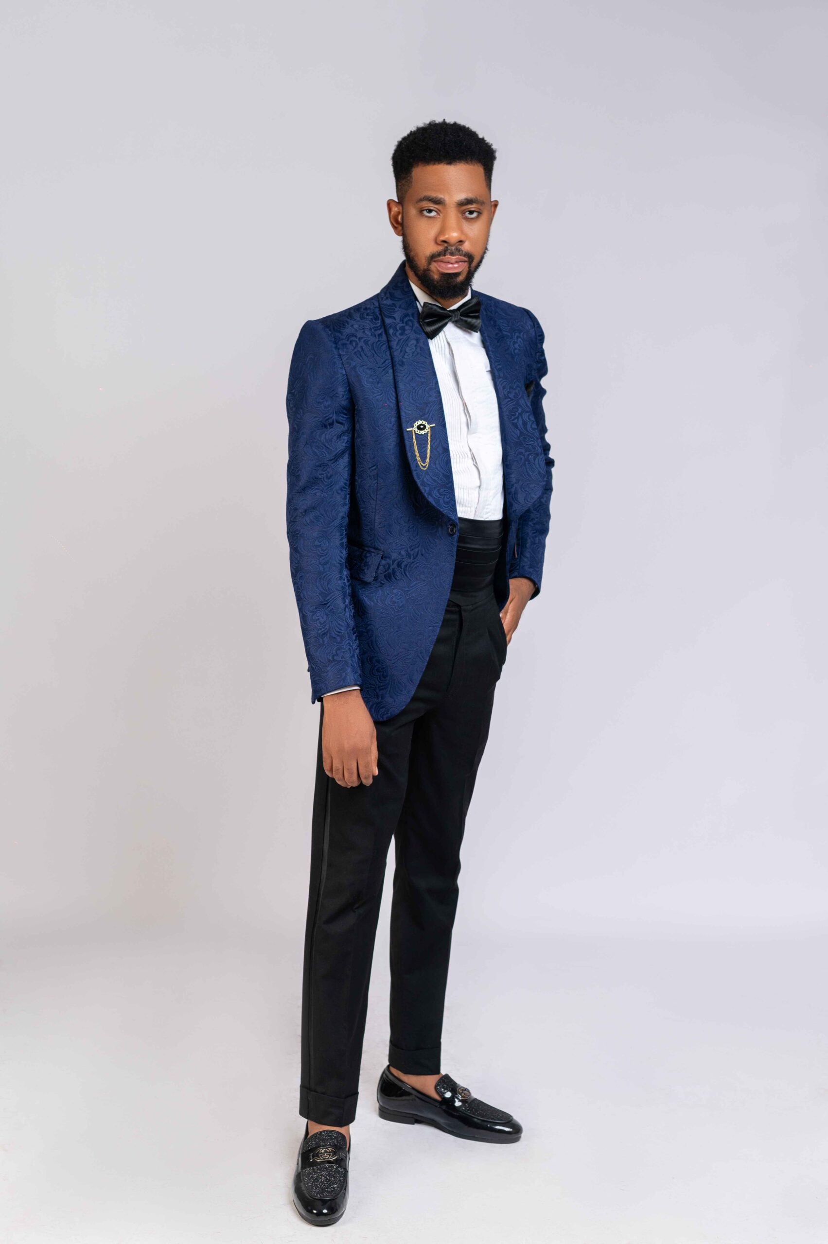Navy-blue Shawl Lapel Two-piece Suit