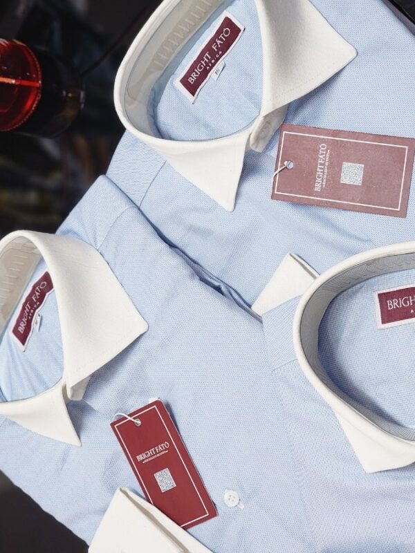 Sky-Blue White Collar Double Cuff Dress Shirt