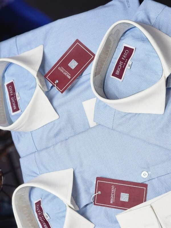 Sky-Blue White Collar Double Cuff Dress Shirt