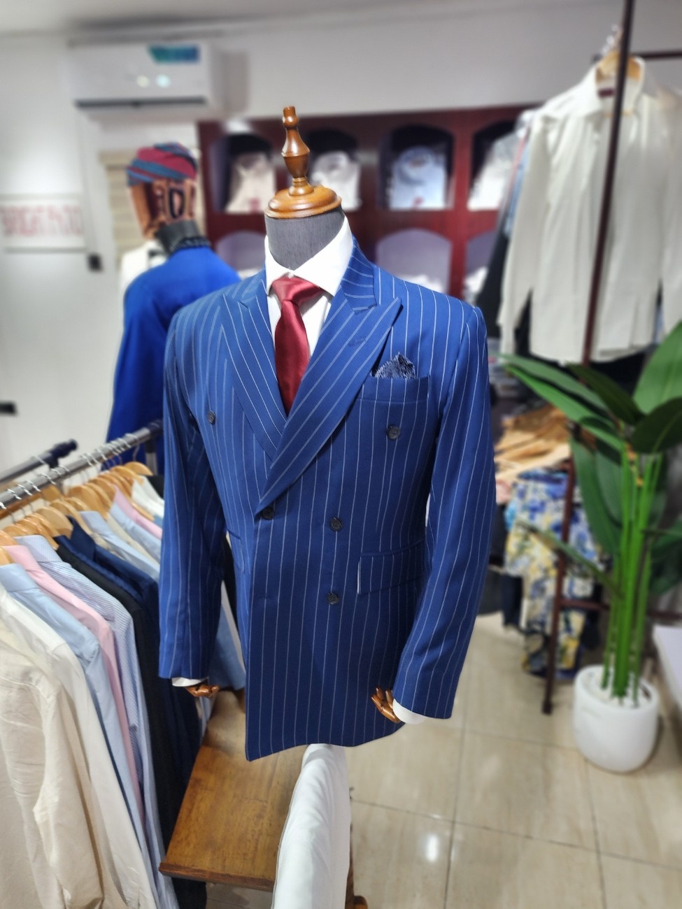 Double Breasted Stripe Suit - Navy- Blue